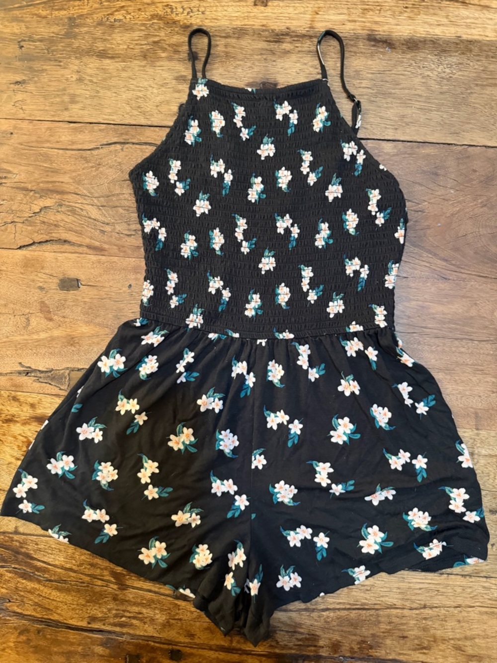 Hollister Black Floral Smocked Romper with Teal Accents